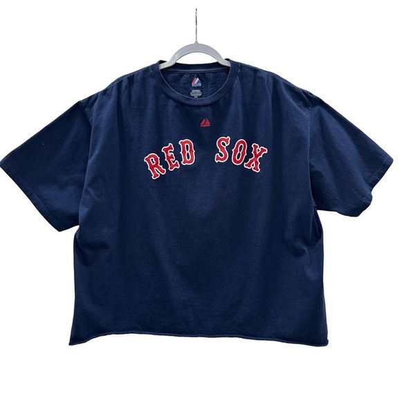 Majestic Red Sox Crop T-Shirt 2XL Navy Red Crewneck Short Sleeve Cotton Baseball - Picture 1 of 7